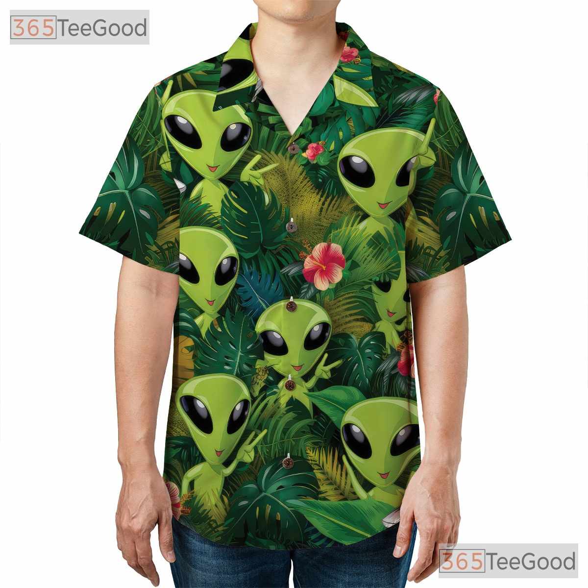 Green Alien UFO Jungle Hawaiian Shirt - Men's Extraterrestrial Tropical Tee