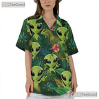 Green Alien UFO Jungle Hawaiian Shirt - Men's Extraterrestrial Tropical Tee