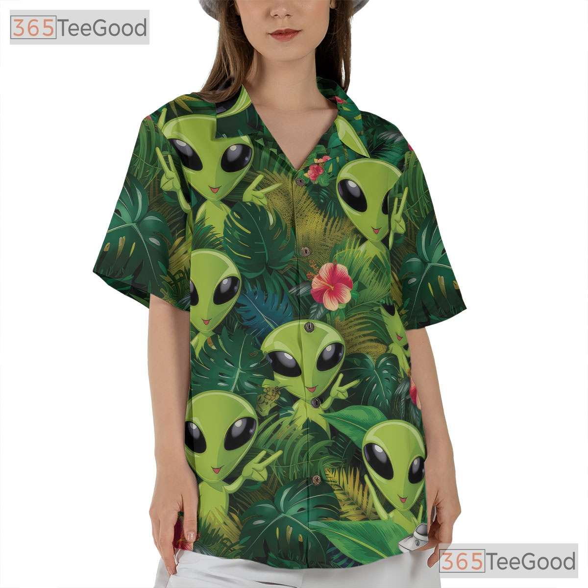 Green Alien UFO Jungle Hawaiian Shirt - Men's Extraterrestrial Tropical Tee