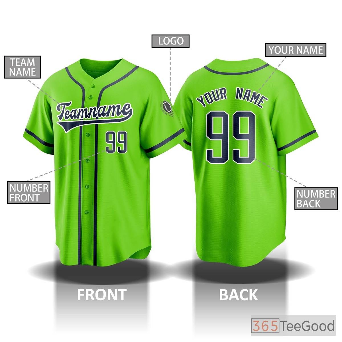 Green Baseball Jersey Tee for Men & Women - Custom Player Name, Number & Logo Design