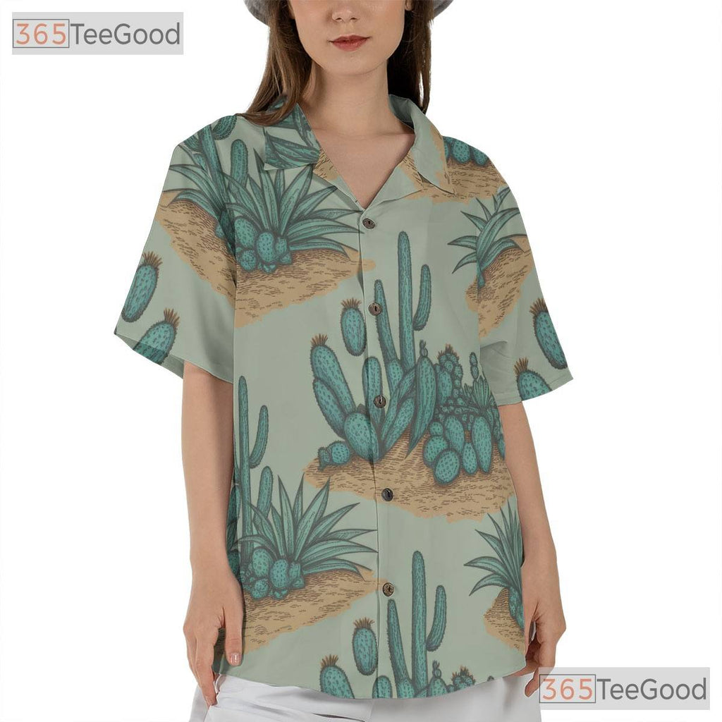 Green Botanical Cactus Hawaiian Shirt- Unisex Vintage Desert Tropical Aloha Tee