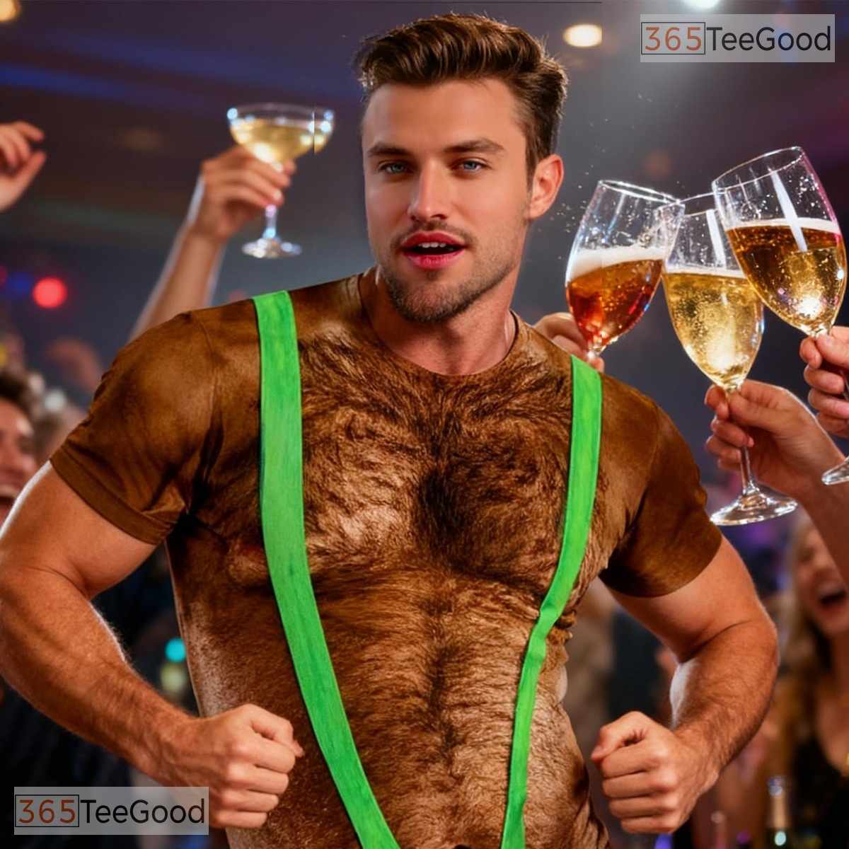 Green Hairy Chest Funny Fake Abs Creative 3D Graphic Printed Casual Unisex Tee