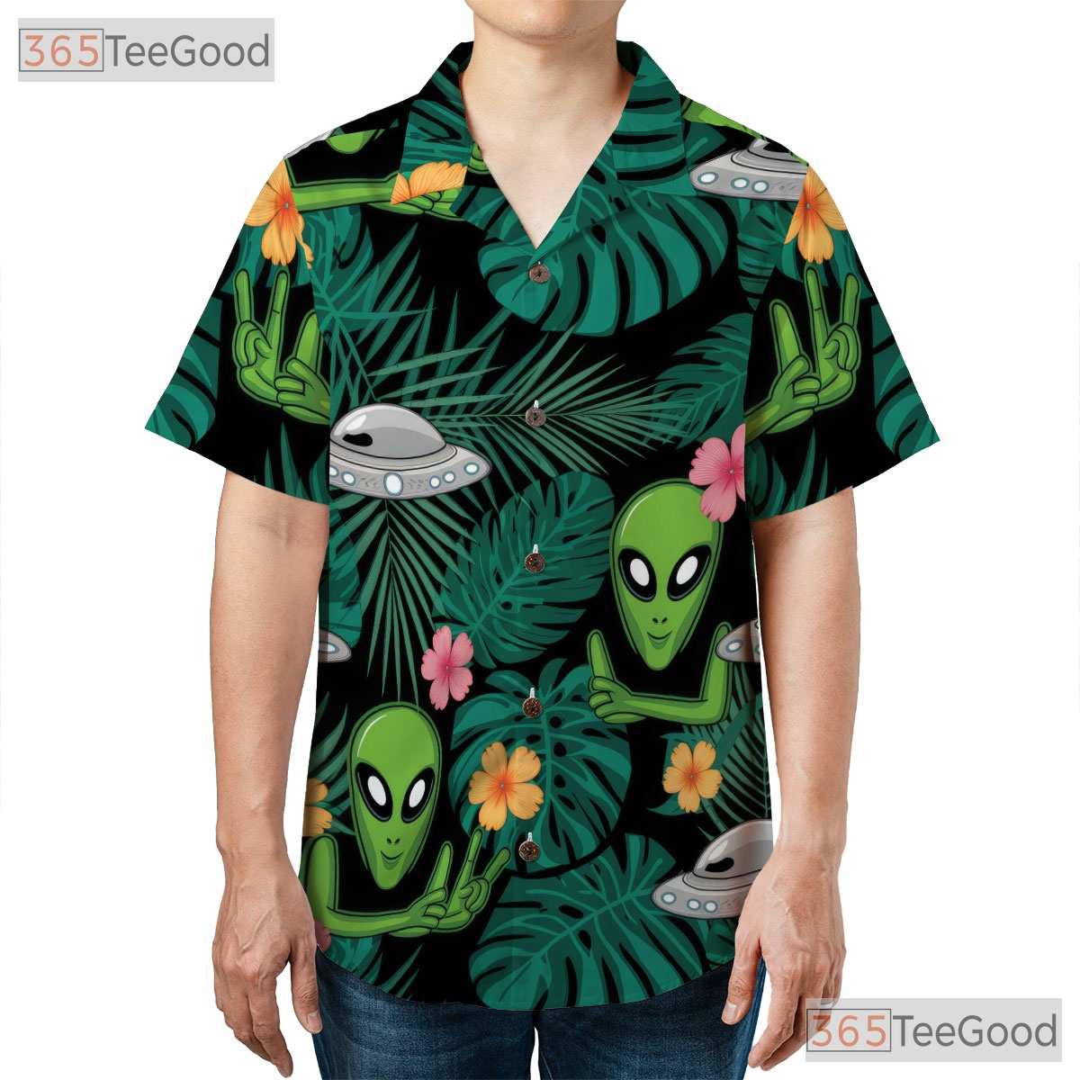 Green Extraterrestrial Alien Hawaiian Shirt- Unisex UFO Tropical Aloha Outfit