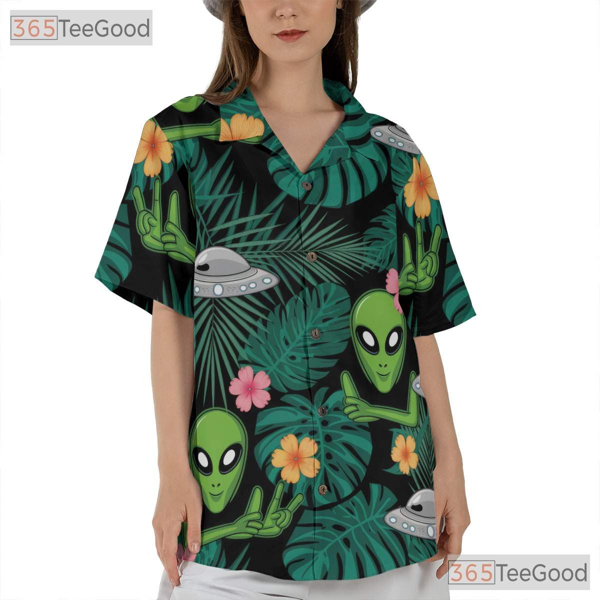 Green Extraterrestrial Alien Hawaiian Shirt- Unisex UFO Tropical Aloha Outfit
