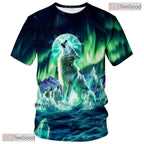 Green Wild Wolf Funny Graphic Novelty 3D Printed Casual Unisex Tee Shirt Tops Style