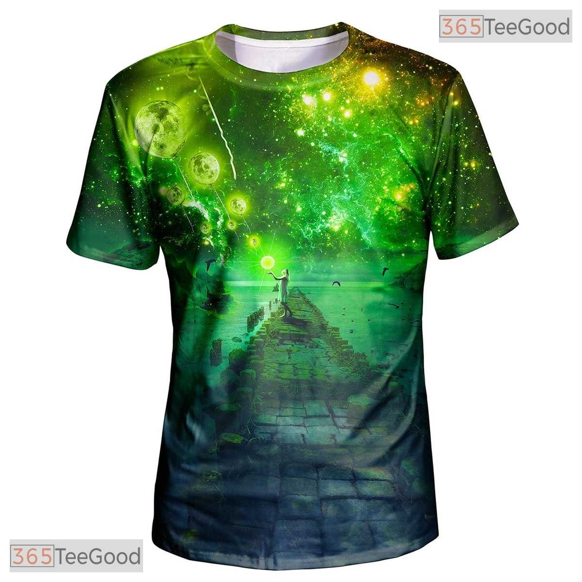 Green Galaxy Cosmic Space Graphic 3D Printed Casual Unisex T-Shirt Tops Style