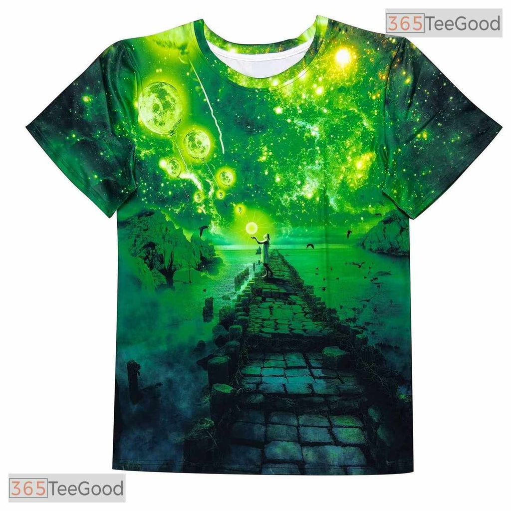 Green Galaxy Cosmic Space Graphic 3D Printed Casual Unisex T-Shirt Tops Style