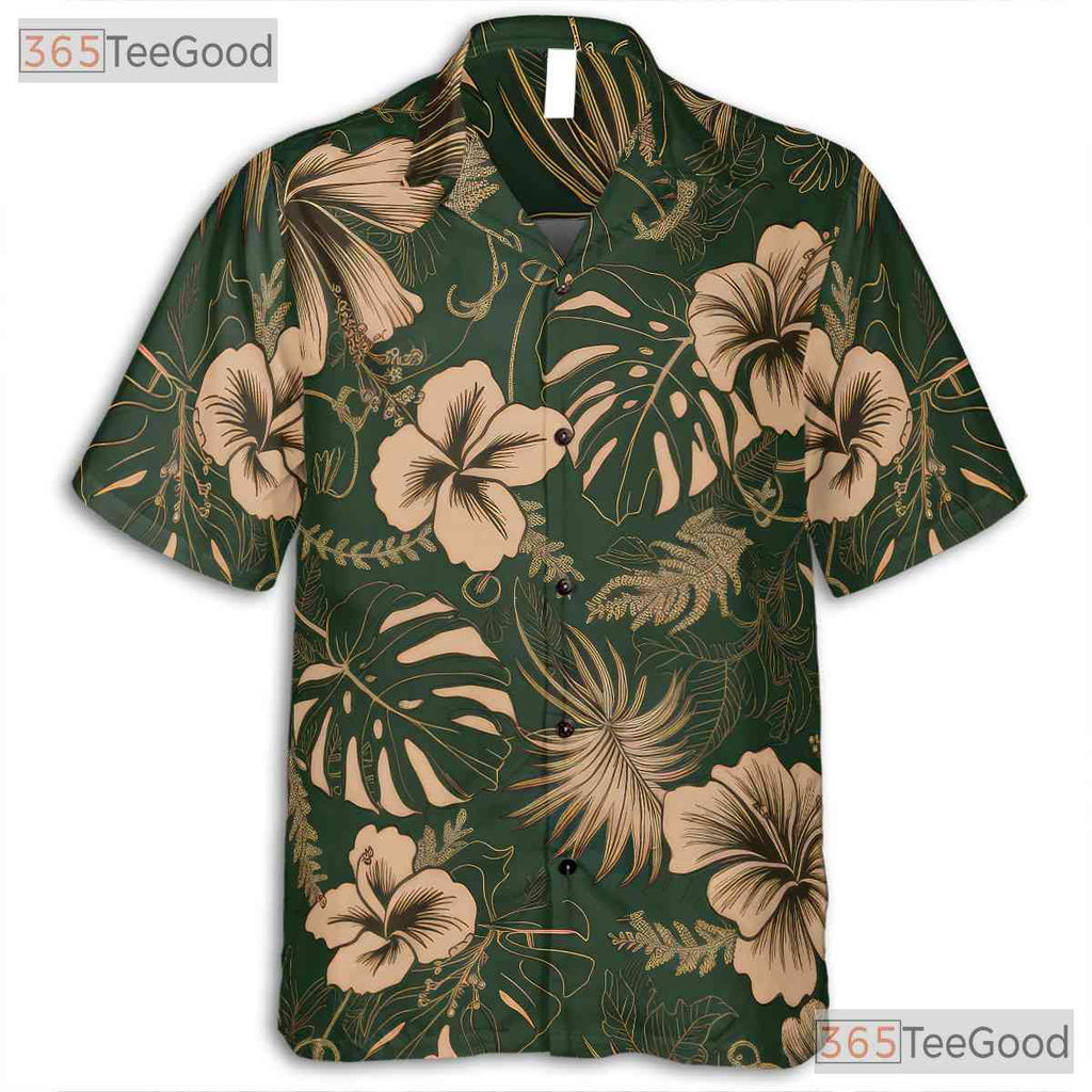 Green Hibiscus Hawaiian Shirt Unisex, Cream Floral Aloha Top
