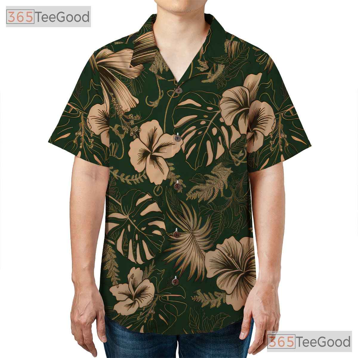 Green Hibiscus Hawaiian Shirt Unisex, Cream Floral Aloha Top