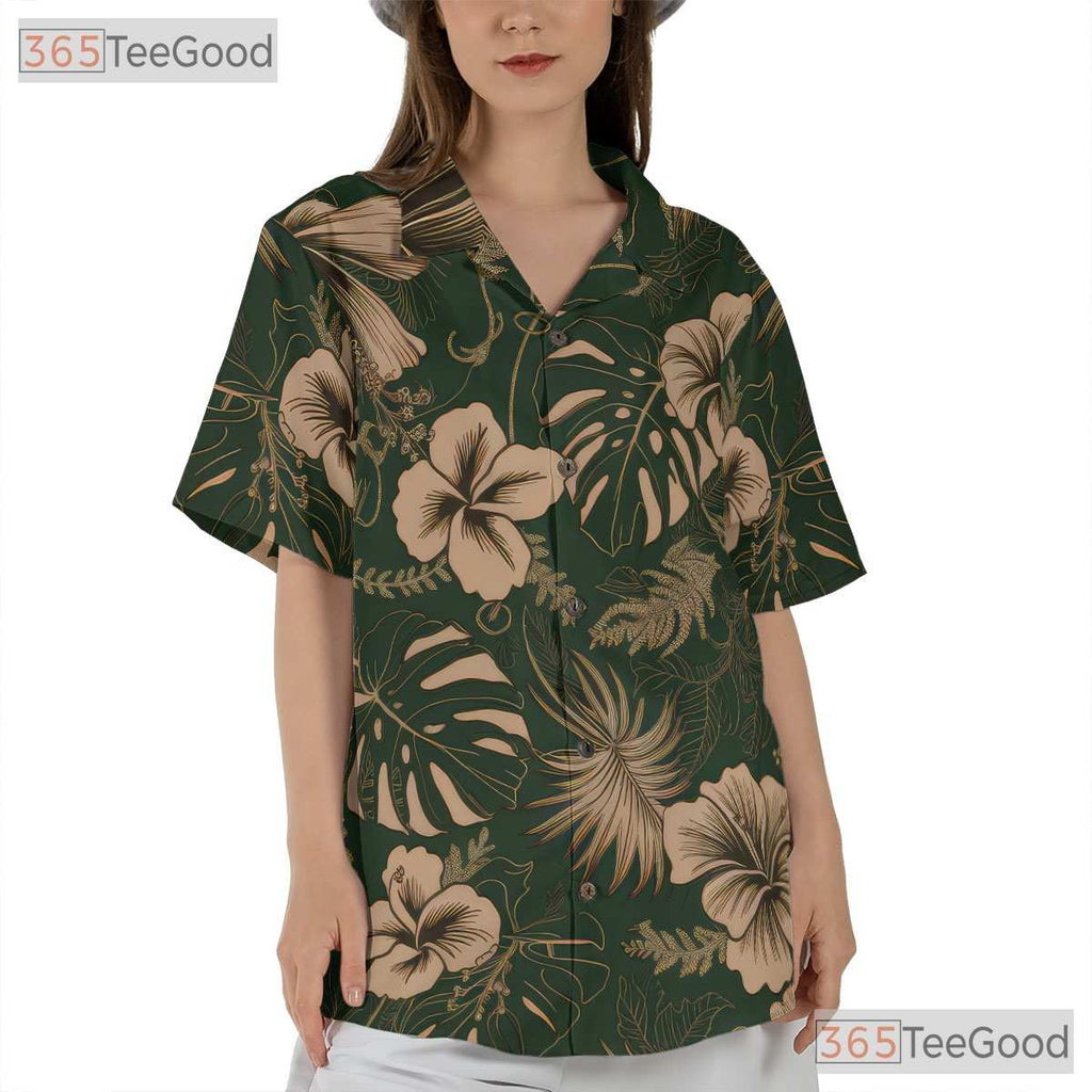 Green Hibiscus Hawaiian Shirt Unisex, Cream Floral Aloha Top