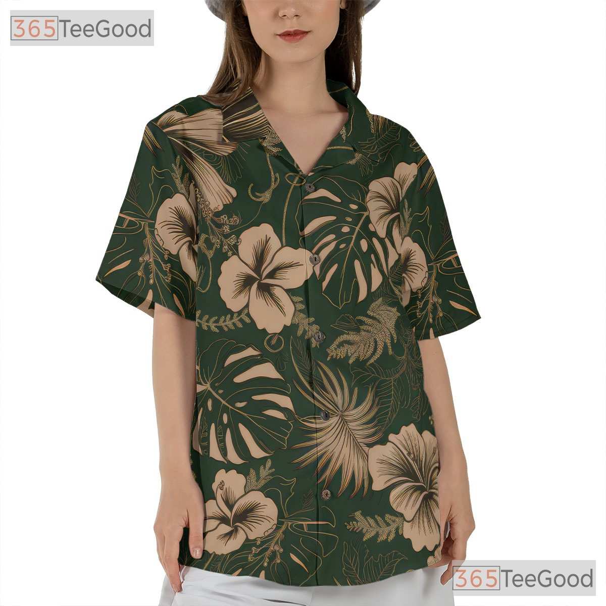 Green Hibiscus Hawaiian Shirt Unisex, Cream Floral Aloha Top