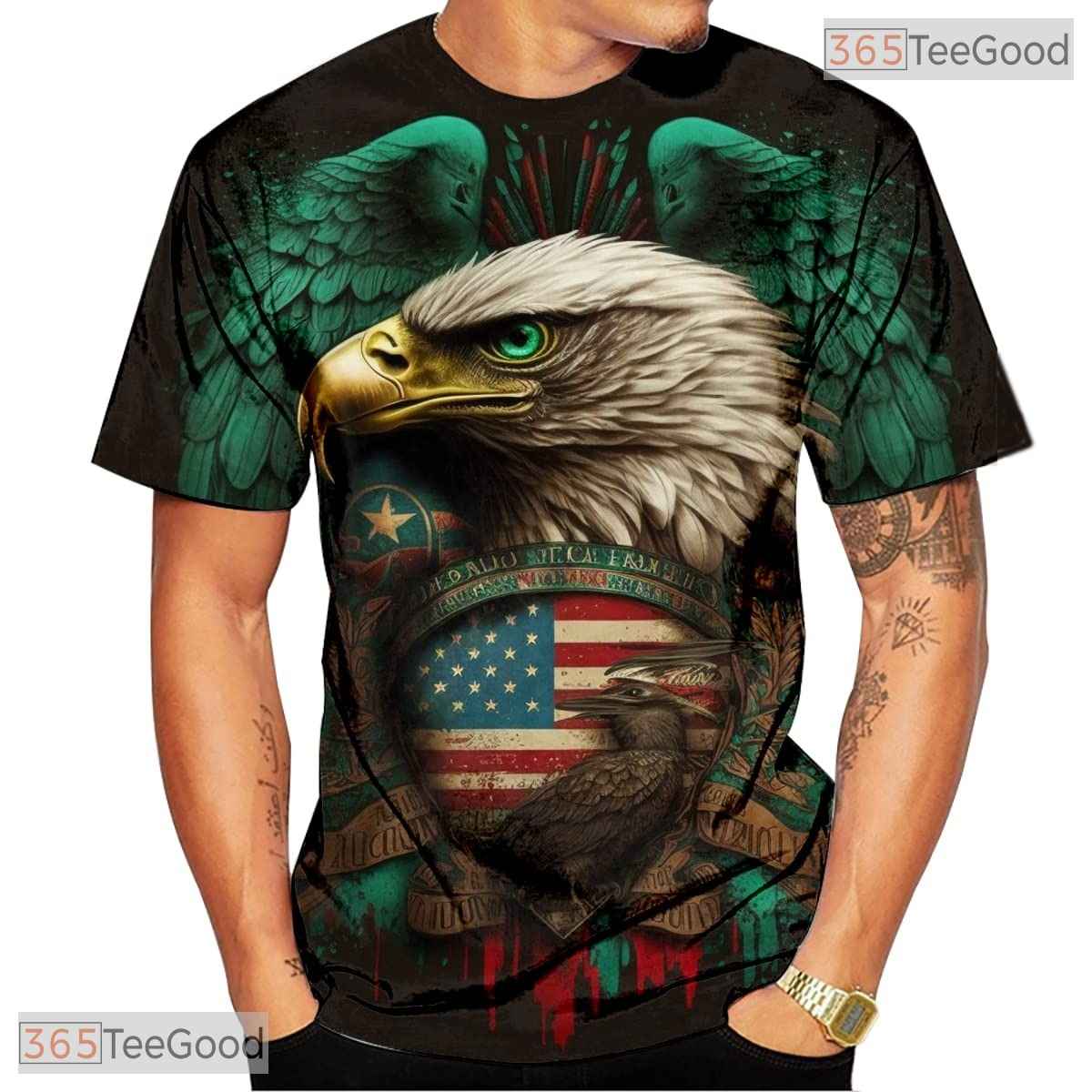 Green Patriotic USA Flag American Eagle 3D Graphic Printed Casual Unisex Tee