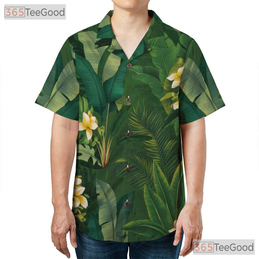 Green Palm Leaf Yellow Plumeria Aloha Style Hawaiian Shirt Men Women Outfit Top