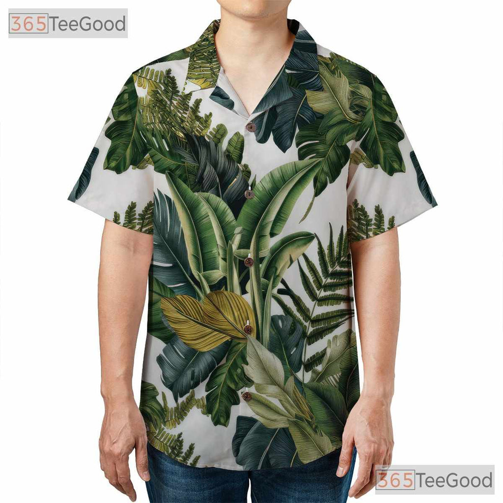 Green Palm Leaves Tropical Summer Beach Aloha Hawaiian Shirt Unisex Vacation Top