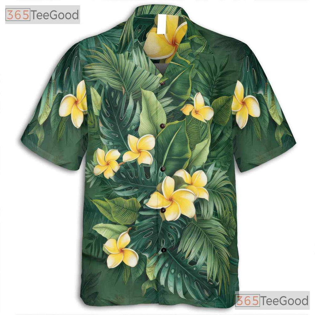 Green Palm Leaves Yellow Plumeria Tropical Hawaiian Tee Unisex Summer Outfit Top