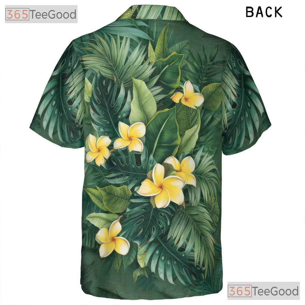 Green Palm Leaves Yellow Plumeria Tropical Hawaiian Tee Unisex Summer Outfit Top