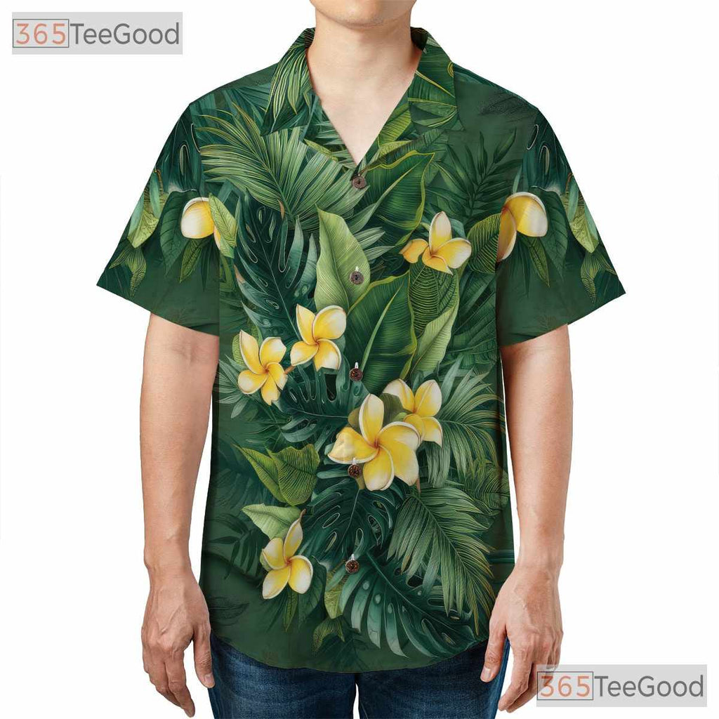 Green Palm Leaves Yellow Plumeria Tropical Hawaiian Tee Unisex Summer Outfit Top