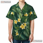Green Palm Leaves Yellow Plumeria Tropical Hawaiian Tee Unisex Summer Outfit Top