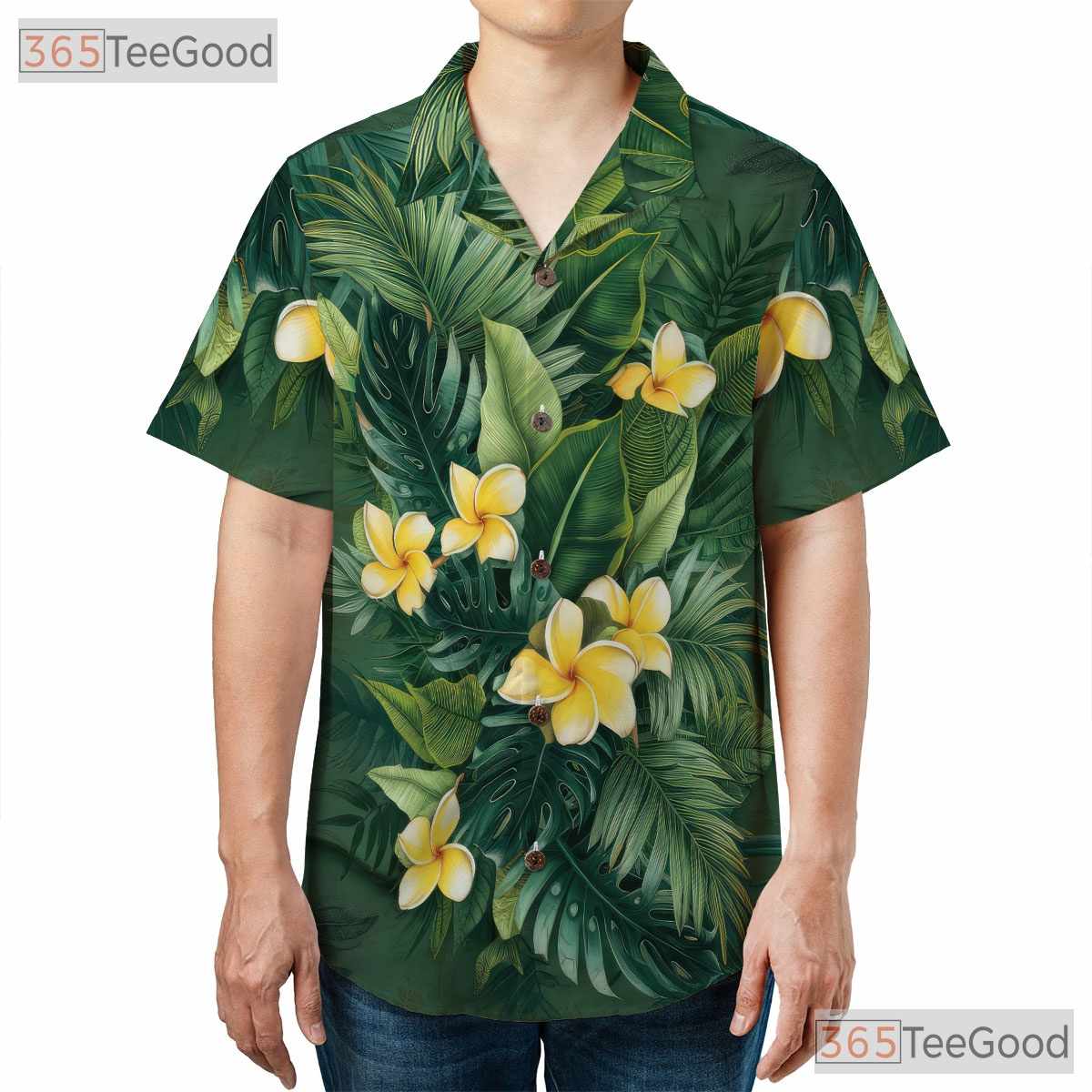 Green Palm Leaves Yellow Plumeria Tropical Hawaiian Tee Unisex Summer Outfit Top