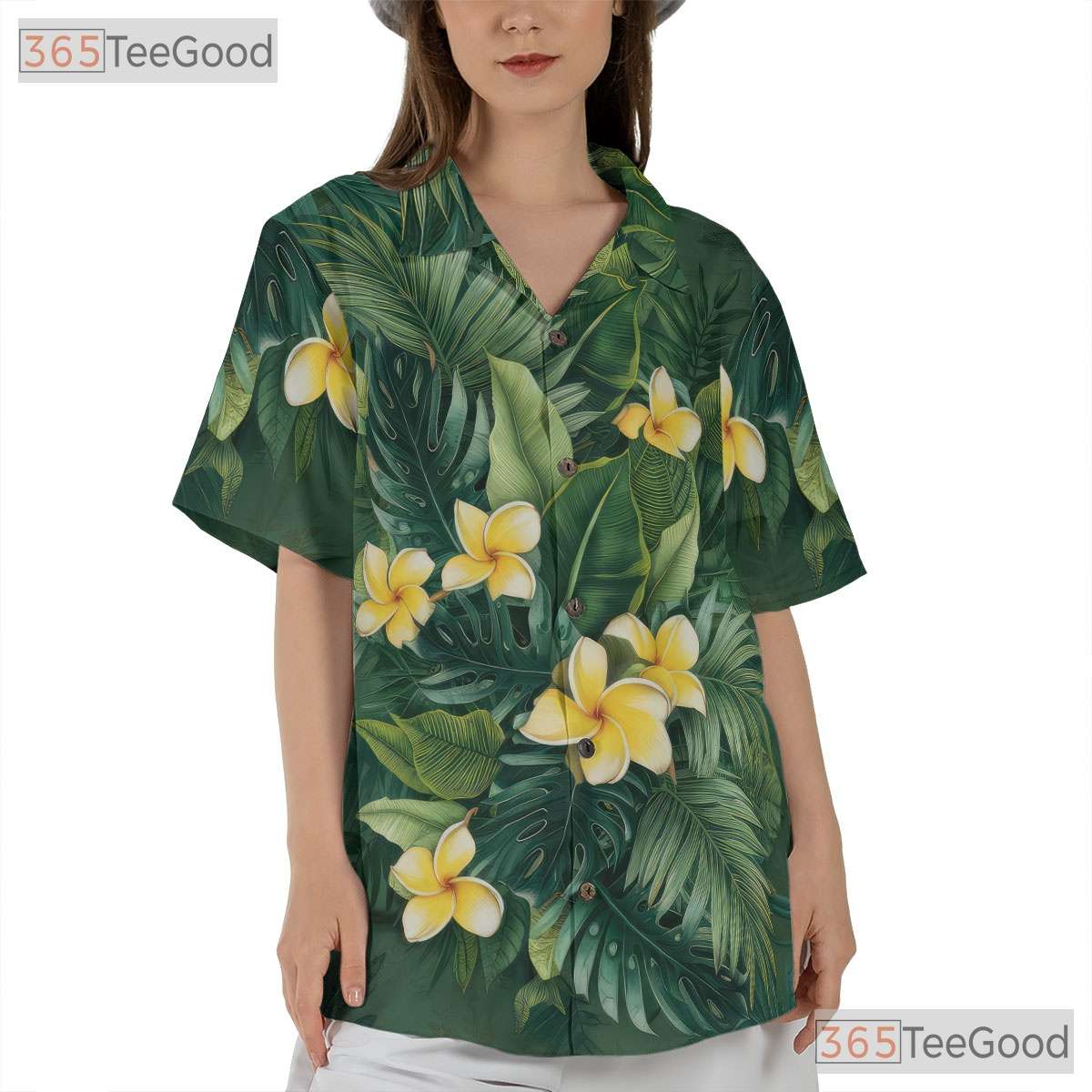 Green Palm Leaves Yellow Plumeria Tropical Hawaiian Tee Unisex Summer Outfit Top