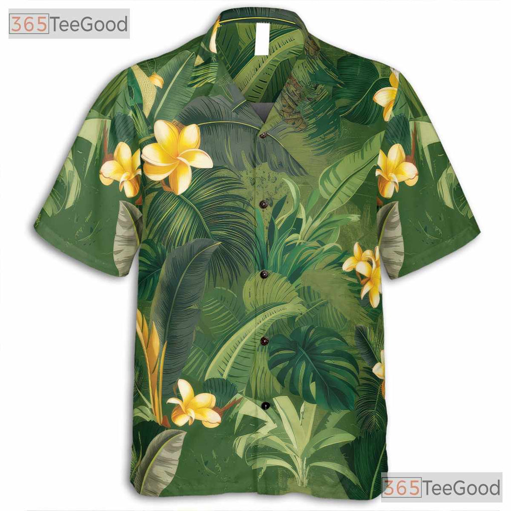 Green Palm Yellow Plumeria Tropical Aloha Hawaiian Shirt Unisex Vacation Outfit