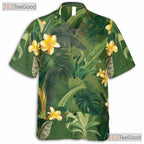 Green Palm Yellow Plumeria Tropical Aloha Hawaiian Shirt Unisex Vacation Outfit