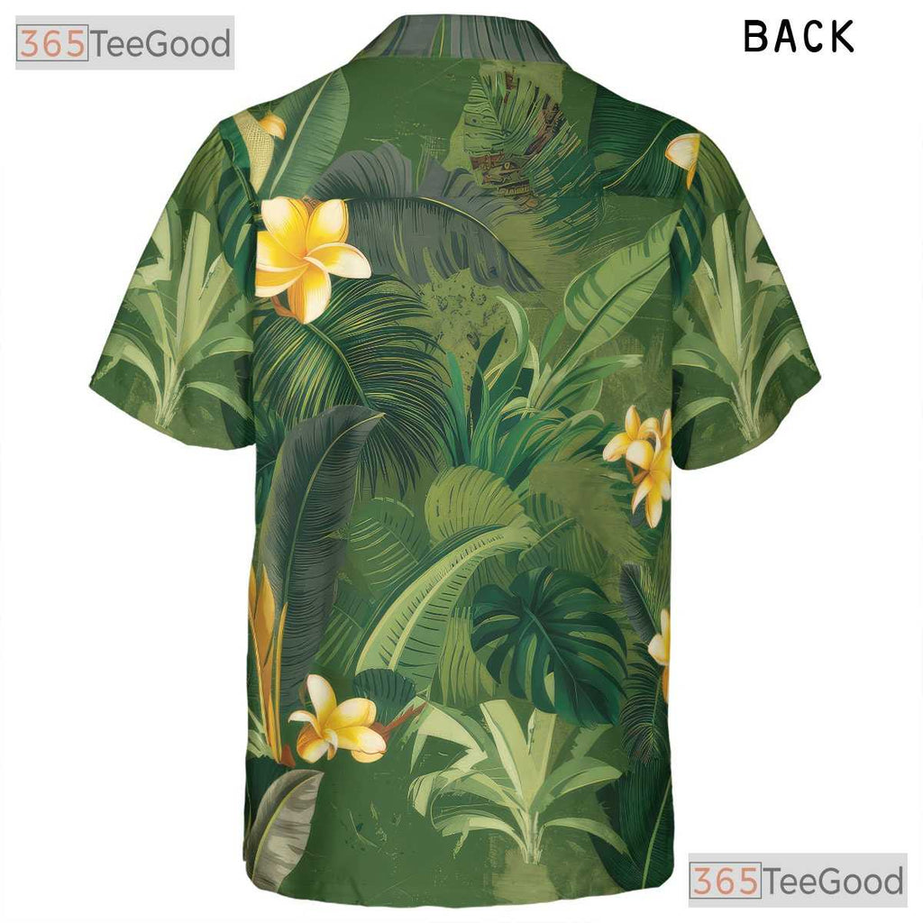 Green Palm Yellow Plumeria Tropical Aloha Hawaiian Shirt Unisex Vacation Outfit