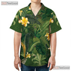 Green Palm Yellow Plumeria Tropical Aloha Hawaiian Shirt Unisex Vacation Outfit