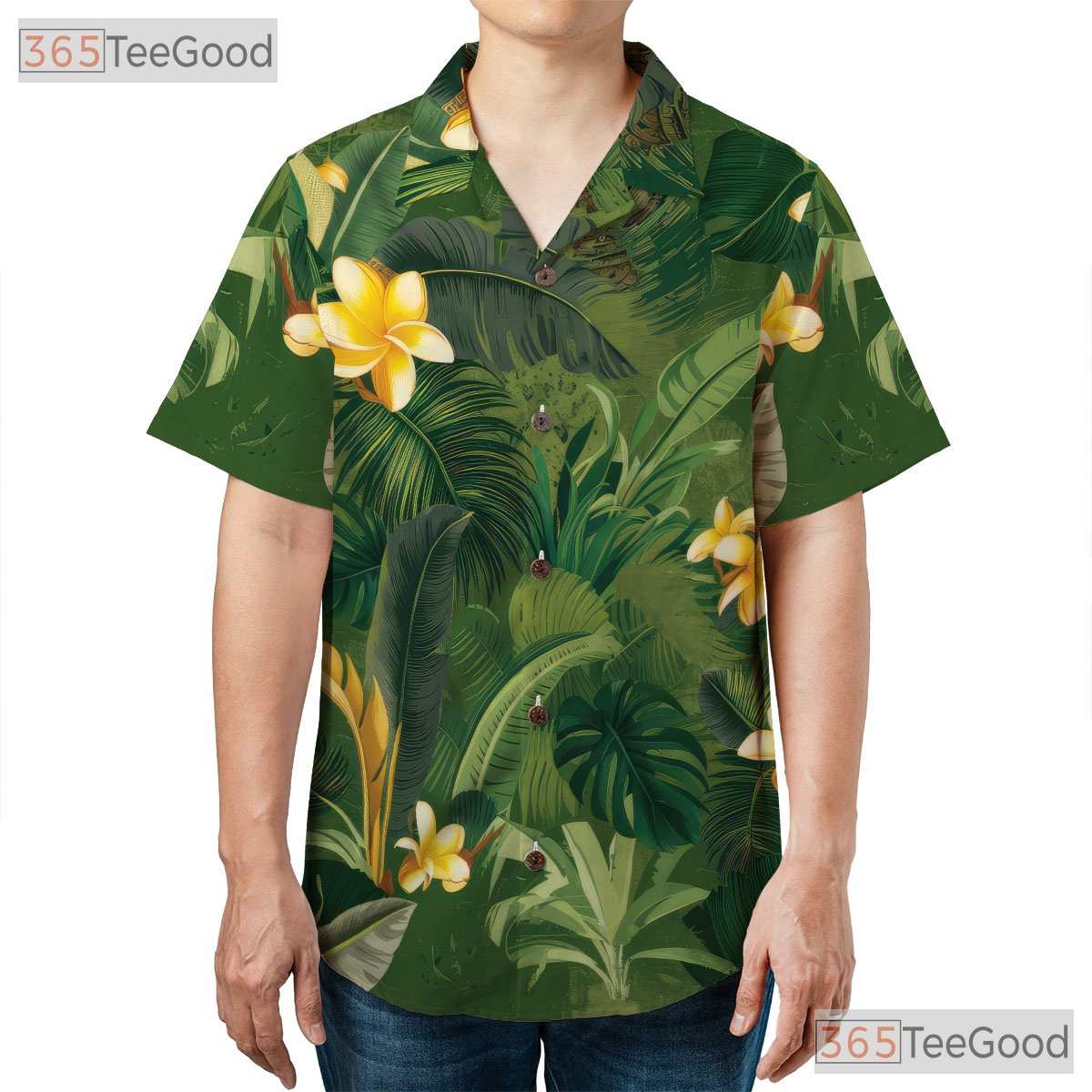 Green Palm Yellow Plumeria Tropical Aloha Hawaiian Shirt Unisex Vacation Outfit