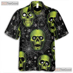 Green Skull Spider Web Gothic Halloween Hawaiian Tee Unisex Aloha Summer Outfit
