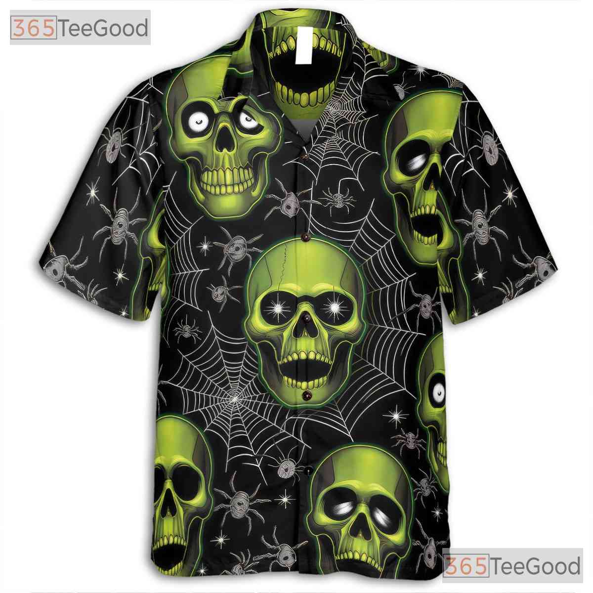 Green Skull Spider Web Gothic Halloween Hawaiian Tee Unisex Aloha Summer Outfit