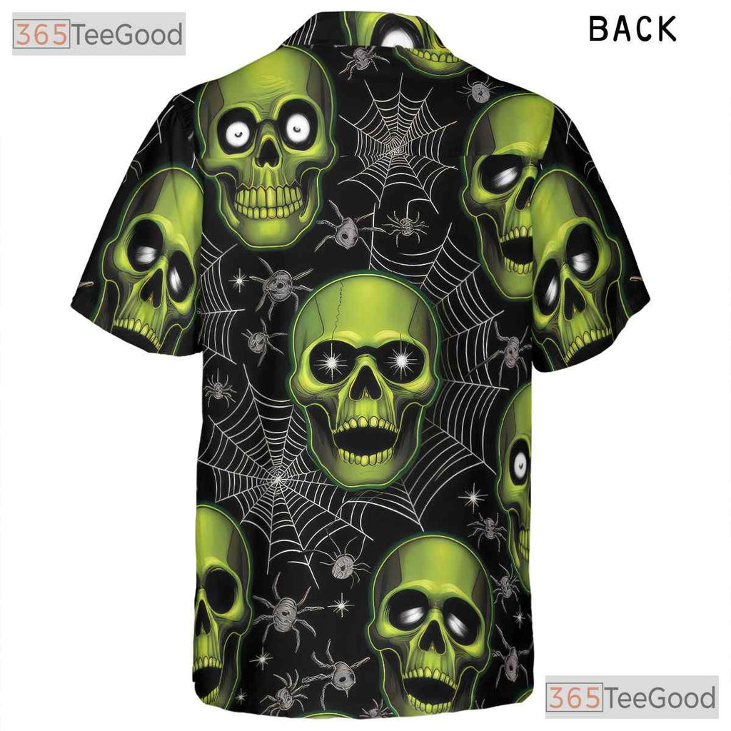 Green Skull Spider Web Gothic Halloween Hawaiian Tee Unisex Aloha Summer Outfit