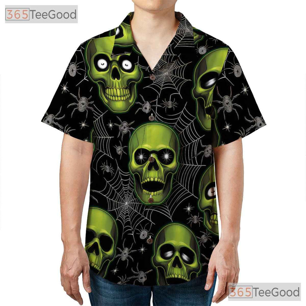 Green Skull Spider Web Gothic Halloween Hawaiian Tee Unisex Aloha Summer Outfit