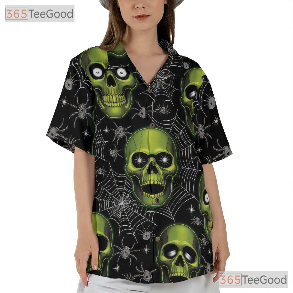Green Skull Spider Web Gothic Halloween Hawaiian Tee Unisex Aloha Summer Outfit