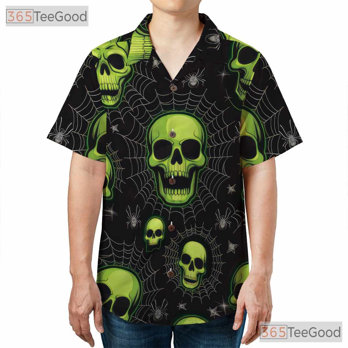 Green Skull Spider Web Gothic Horror Halloween Hawaiian Shirt Men Women Top Tee
