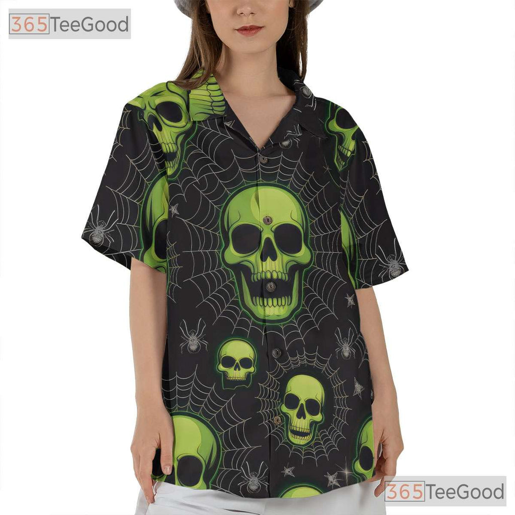 Green Skull Spider Web Gothic Horror Halloween Hawaiian Shirt Men Women Top Tee