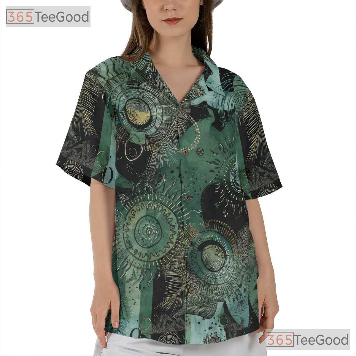 Green Tribal Batik Ethnic Summer Hawaiian Shirt Men Women Aloha Vacation Top