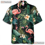 Green Tropical Leaf Pink Flamingos Hawaiian Tee Unisex Summer Vacation Top