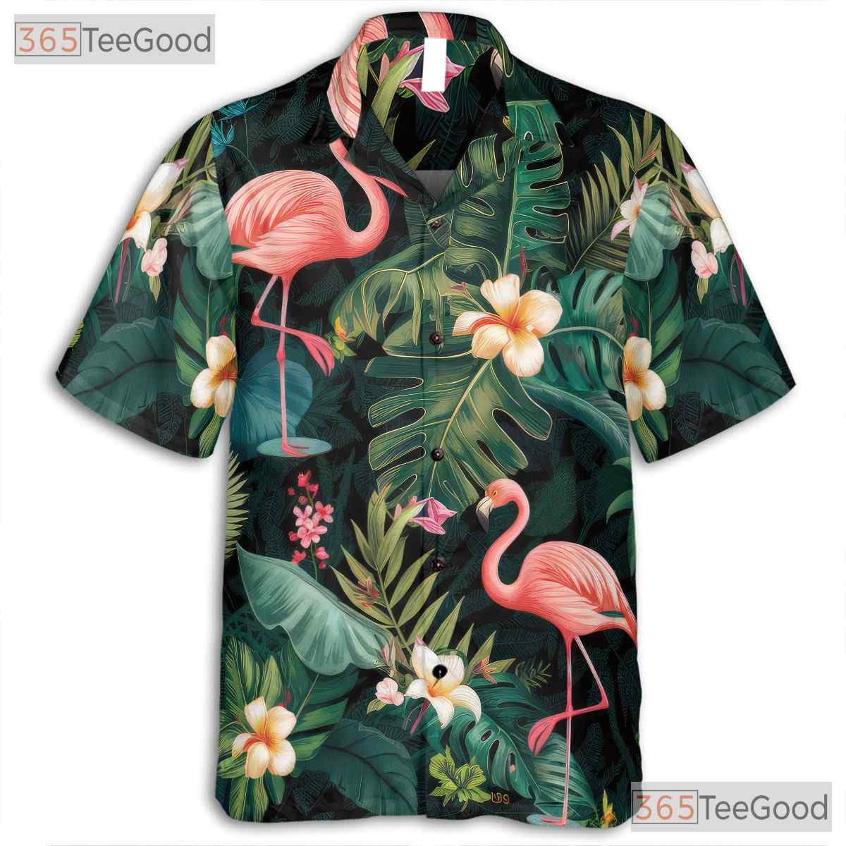 Green Tropical Leaf Pink Flamingos Hawaiian Tee Unisex Summer Vacation Top