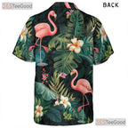 Green Tropical Leaf Pink Flamingos Hawaiian Tee Unisex Summer Vacation Top