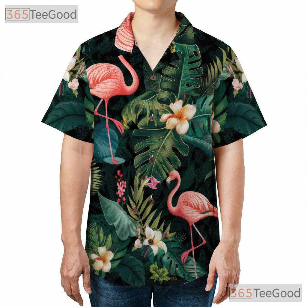 Green Tropical Leaf Pink Flamingos Hawaiian Tee Unisex Summer Vacation Top