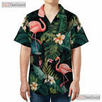 Green Tropical Leaf Pink Flamingos Hawaiian Tee Unisex Summer Vacation Top