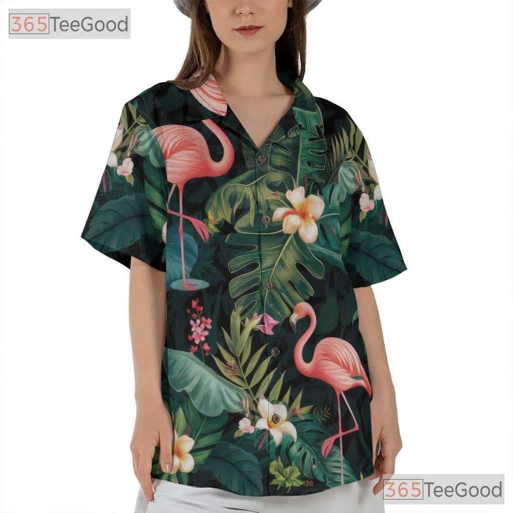 Green Tropical Leaf Pink Flamingos Hawaiian Tee Unisex Summer Vacation Top