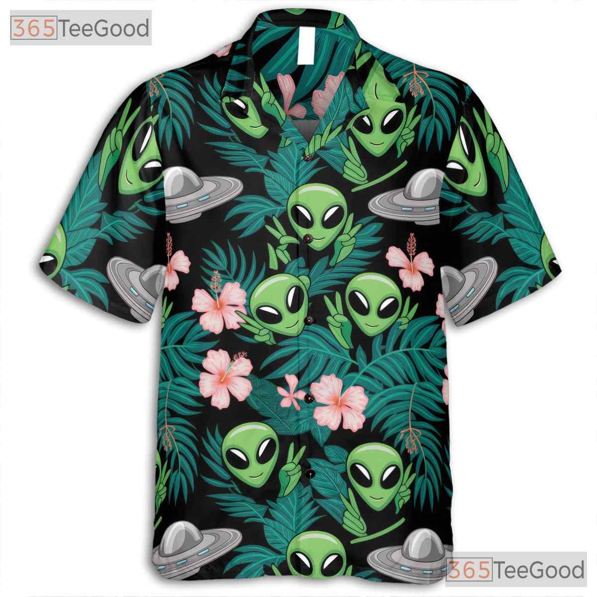 Green UFO Alien Hawaiian Shirt- Unisex Extraterrestrial Tropical Aloha Vacation