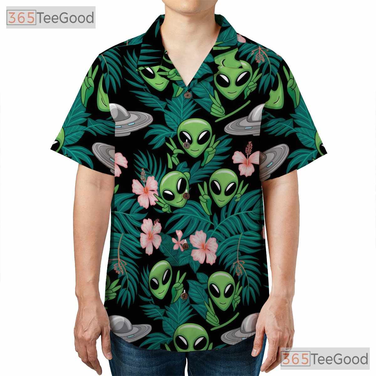 Green UFO Alien Hawaiian Shirt- Unisex Extraterrestrial Tropical Aloha Vacation