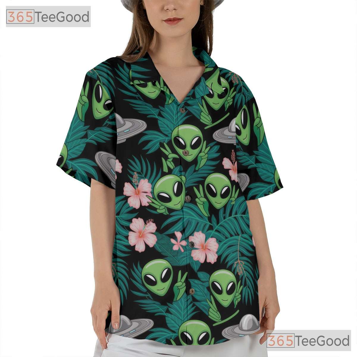 Green UFO Alien Hawaiian Shirt- Unisex Extraterrestrial Tropical Aloha Vacation