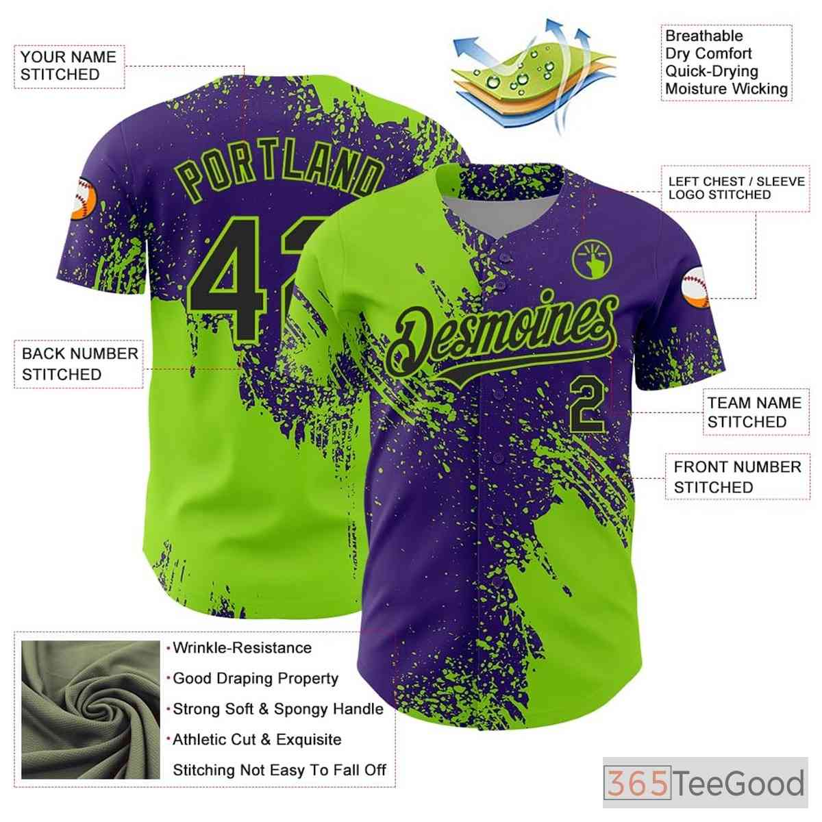 Green & Purple Baseball Jersey Tee for Men & Women - Personalized Stitched Design