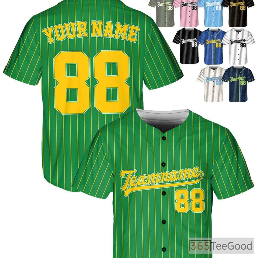Green & Yellow Baseball Jersey Tee with Stitched Name, Number, and Logo