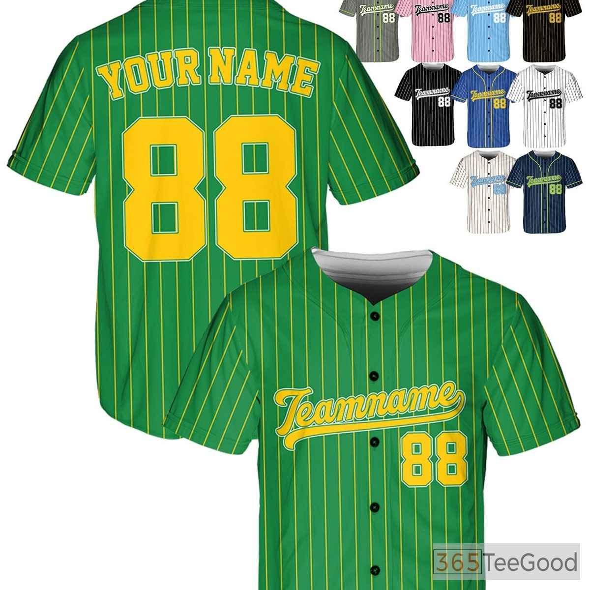 Green & Yellow Baseball Jersey Tee with Stitched Name, Number, and Logo