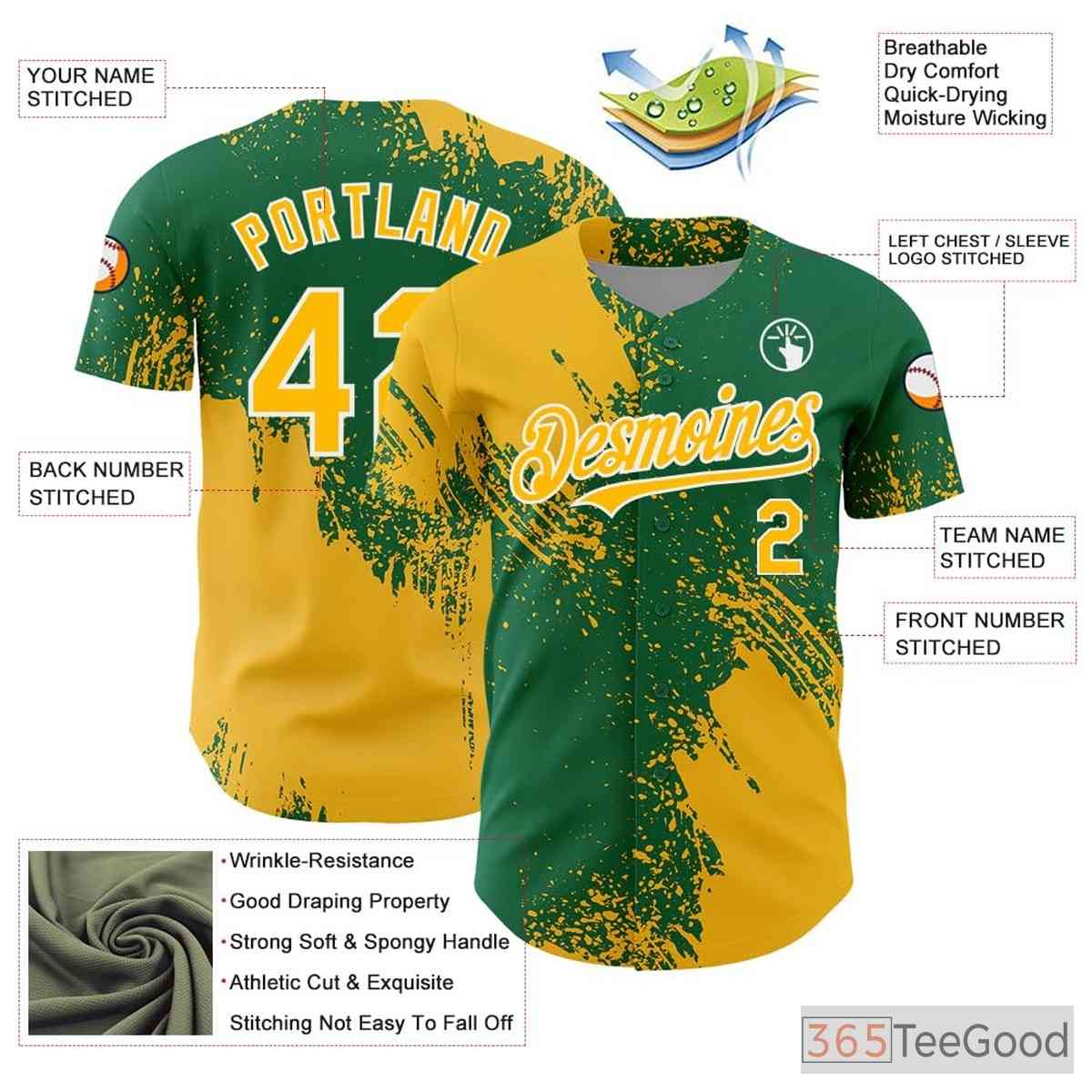 Green & Yellow Baseball Jersey Tee - Custom Stitched Team & Player Apparel